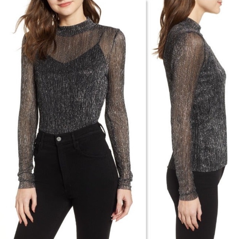 Metallic Turtleneck Top in Metallic Black